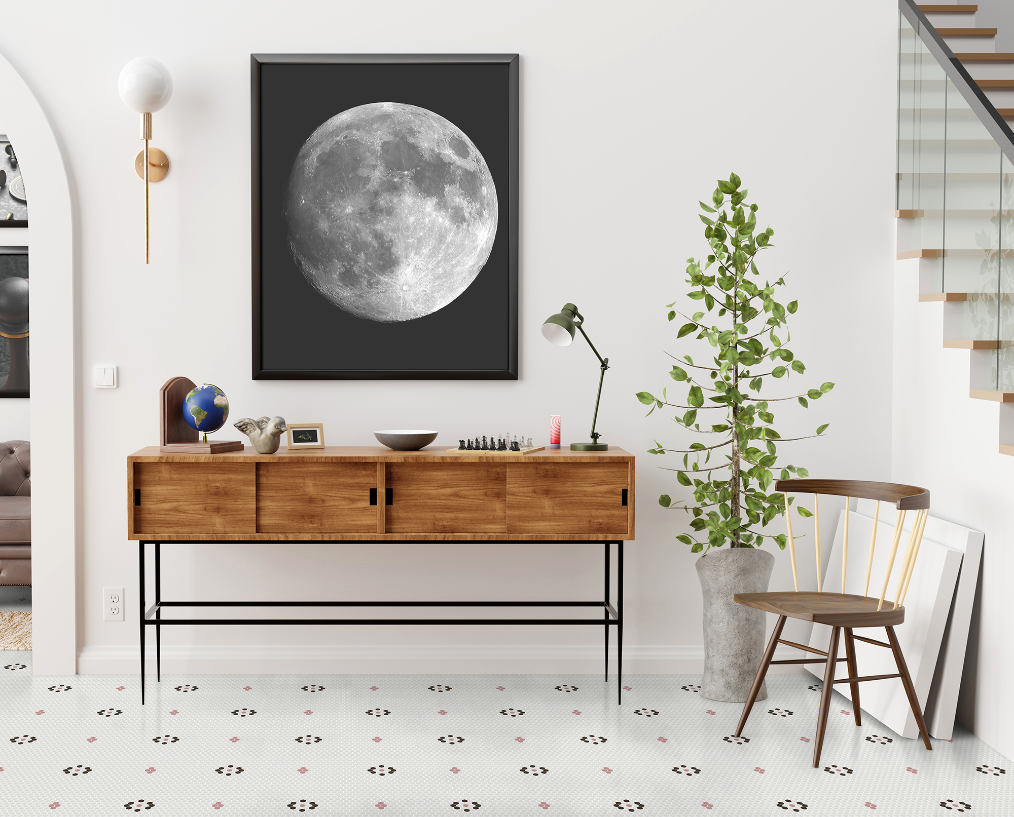 Stylish and eclectic dining room interior with mock up poster map, sharing table design chairs, gold pedant lamp and elegant sofa in second space. White walls, wooden parquet. Tropical leafs in vase.