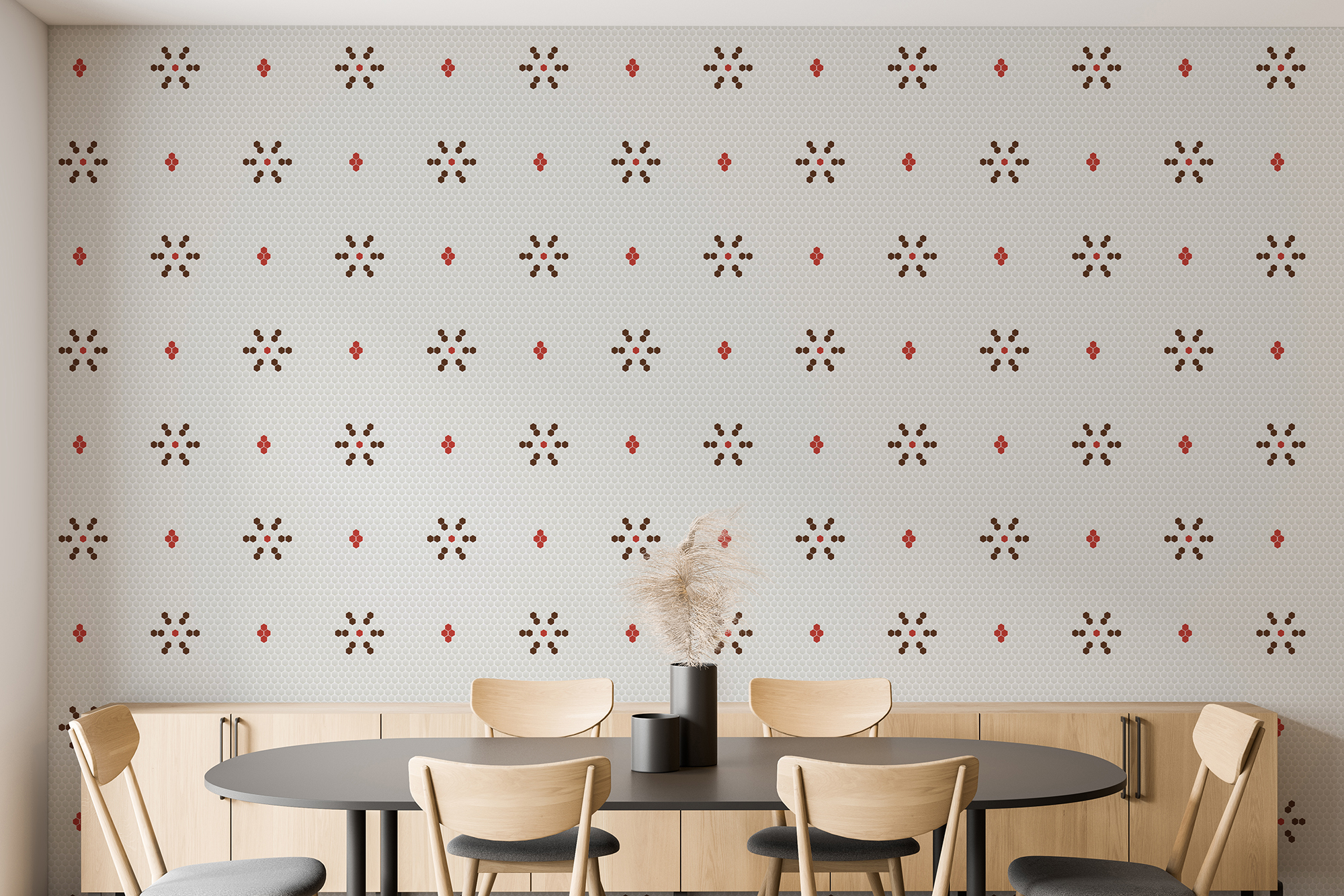 Close up of modern dining room with white walls, round table and wooden chairs. 3d rendering