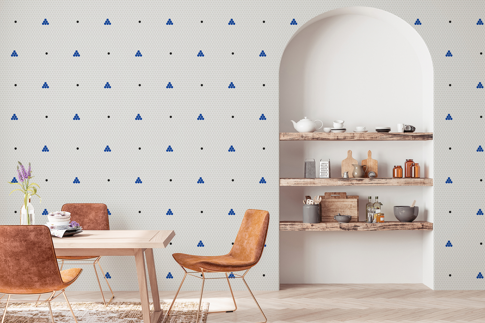 Interior design of modern dining room with orange furniture and wooden table, Scandinavian style, 3D render, 3D illustration