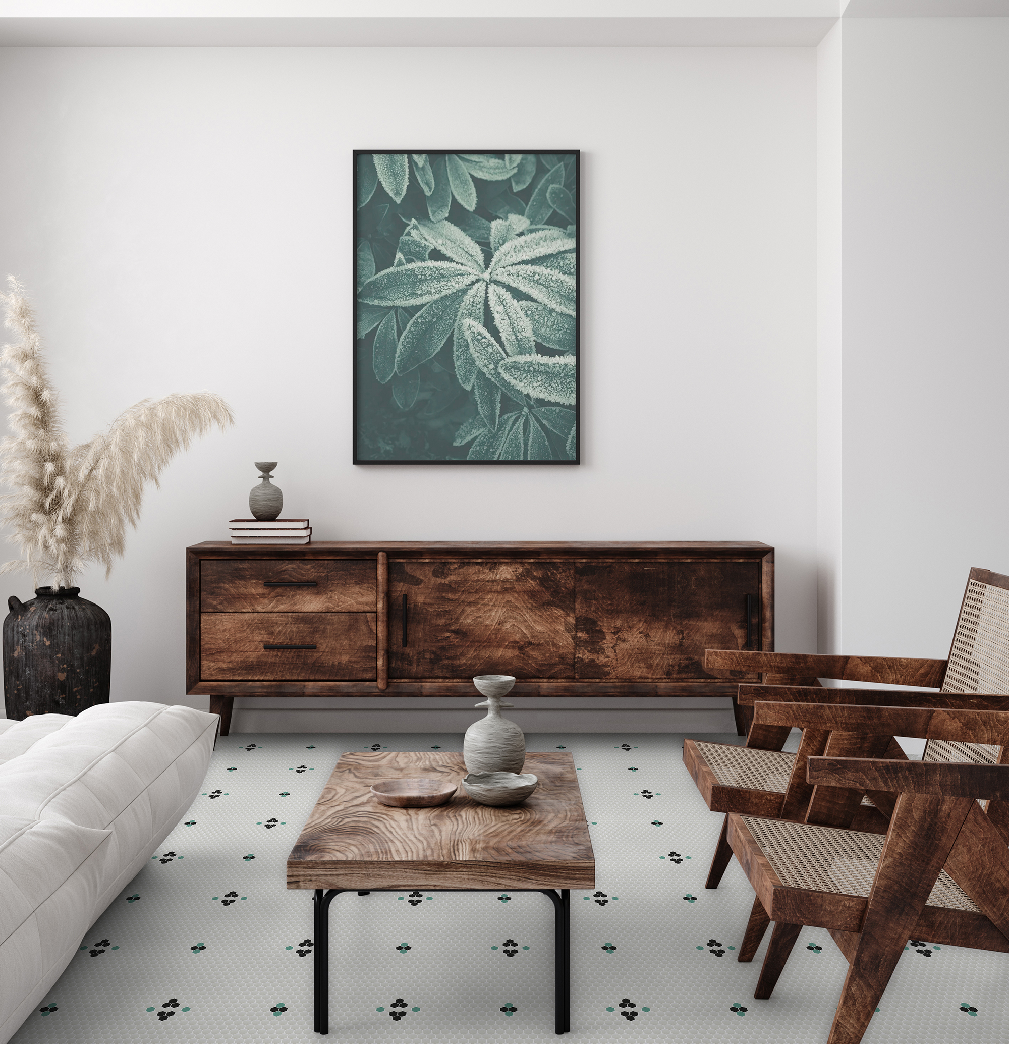 Mockup poster frame in minimalist modern interior background, 3d render