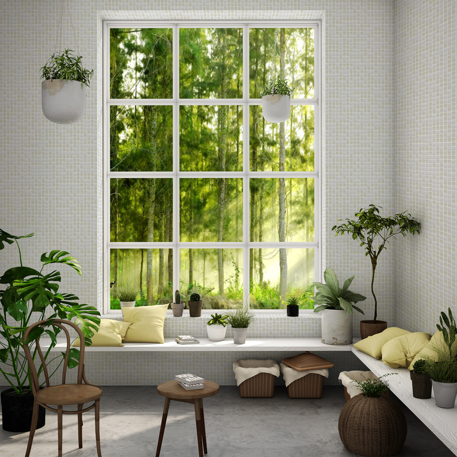 3d illustration,interior design for dining area or working table in modern style with chair, table,plant on wood floor and white concrete wall