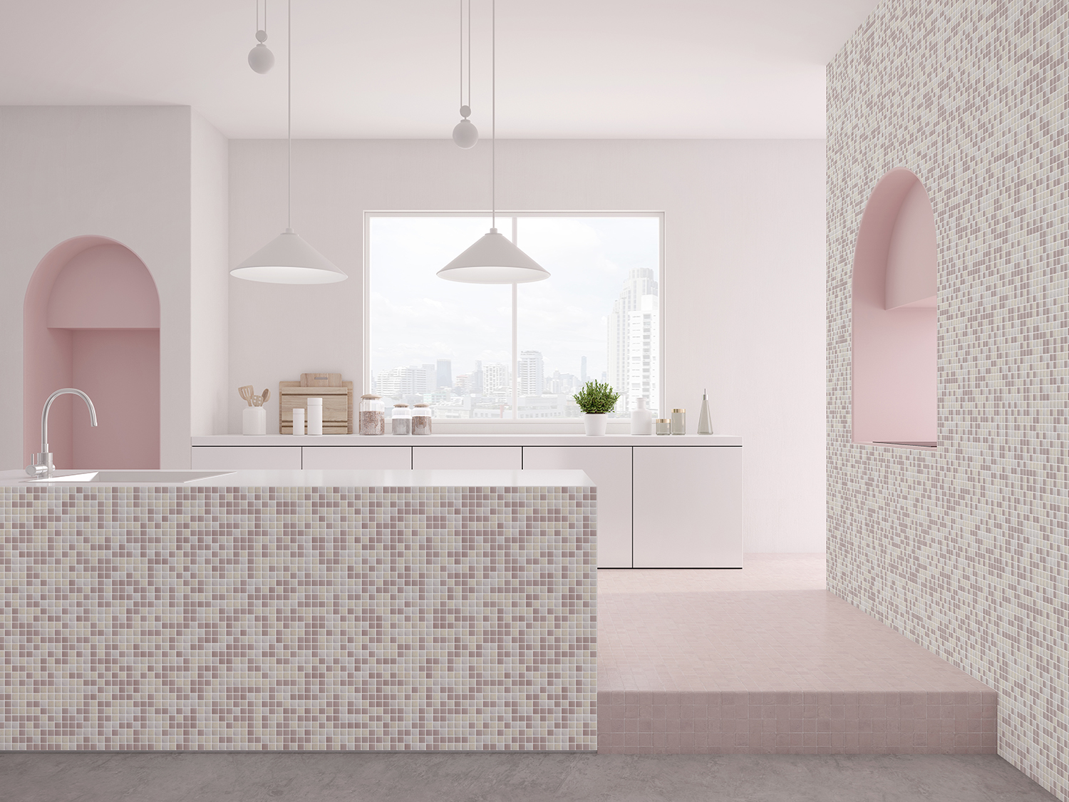 Modern white and pink kitchen interior with bar counter,lamp.Countertop with sink,set of kitchen equipment.3d rendering