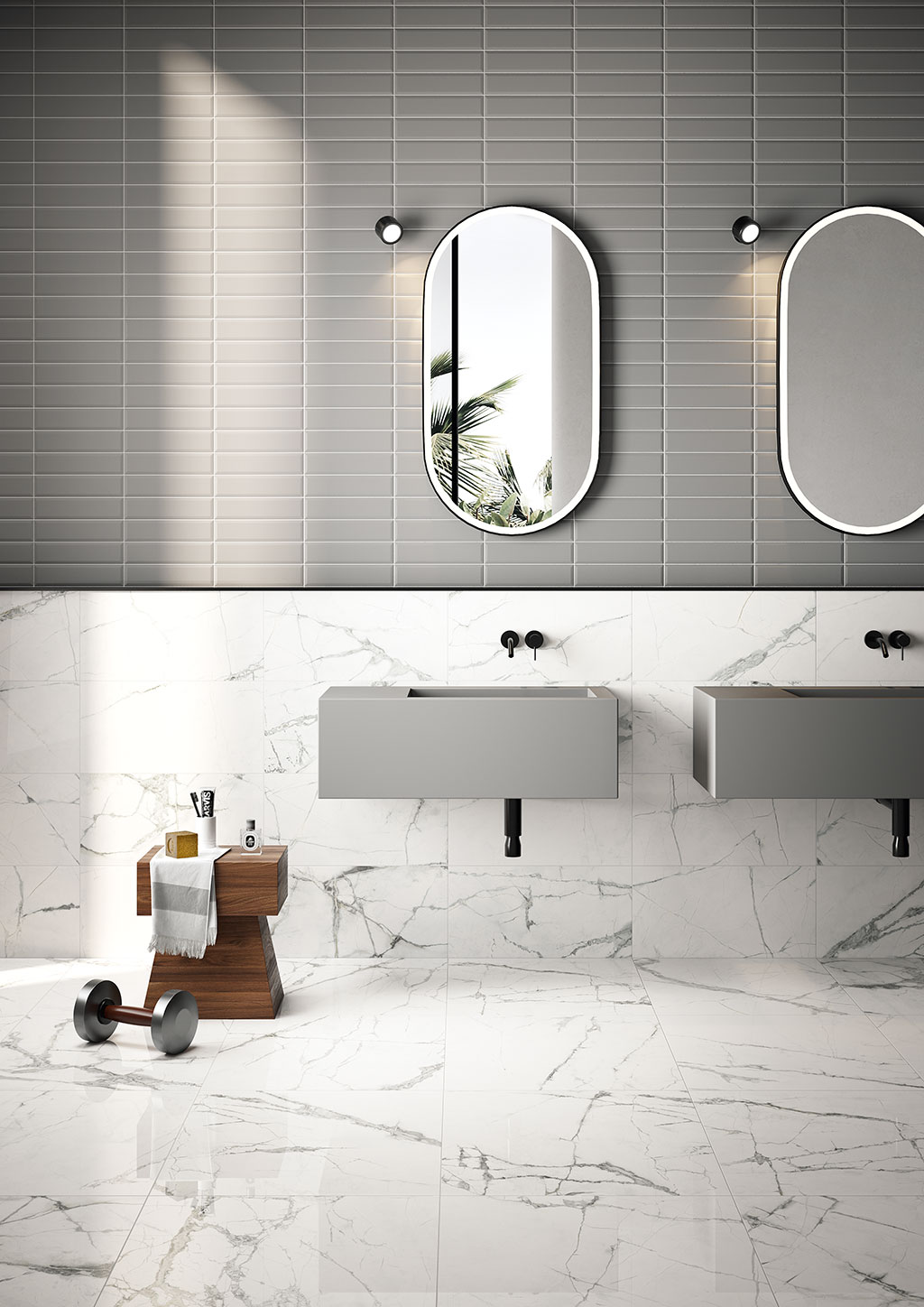 Ceramica-Fioranese_Marmorea-Intensa_Bianco-Luce-60x60-30x60_Vague-Grey-73x30_piastrelle-bagno