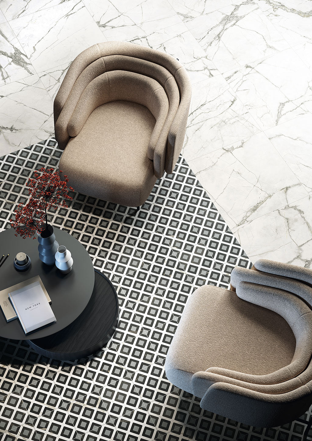 Ceramica-Fioranese_Marmorea-Intensa_Bianco-Luce-60x60_Vague-Grey-Deco-20x20_pavimenti-moderni