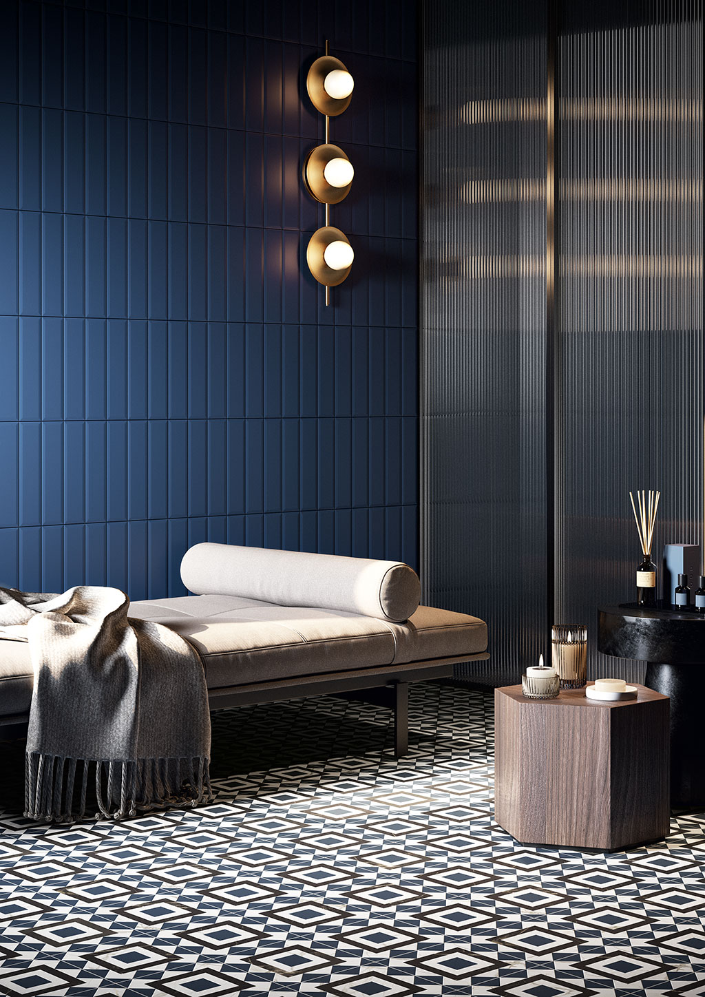 Ceramica-Fioranese_Marmorea-Intensa_Blueberry-Deco-20x20_Blueberry-73x30_rivestimenti
