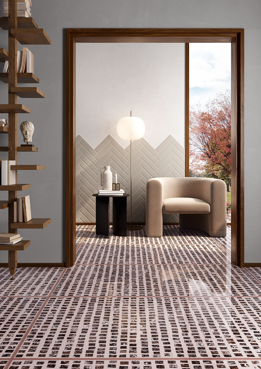 Ceramica-Fioranese_Marmorea-Intensa_Vetro-Rosso-74x148_Greige-Tale-73x30_pavimenti-moderni-1