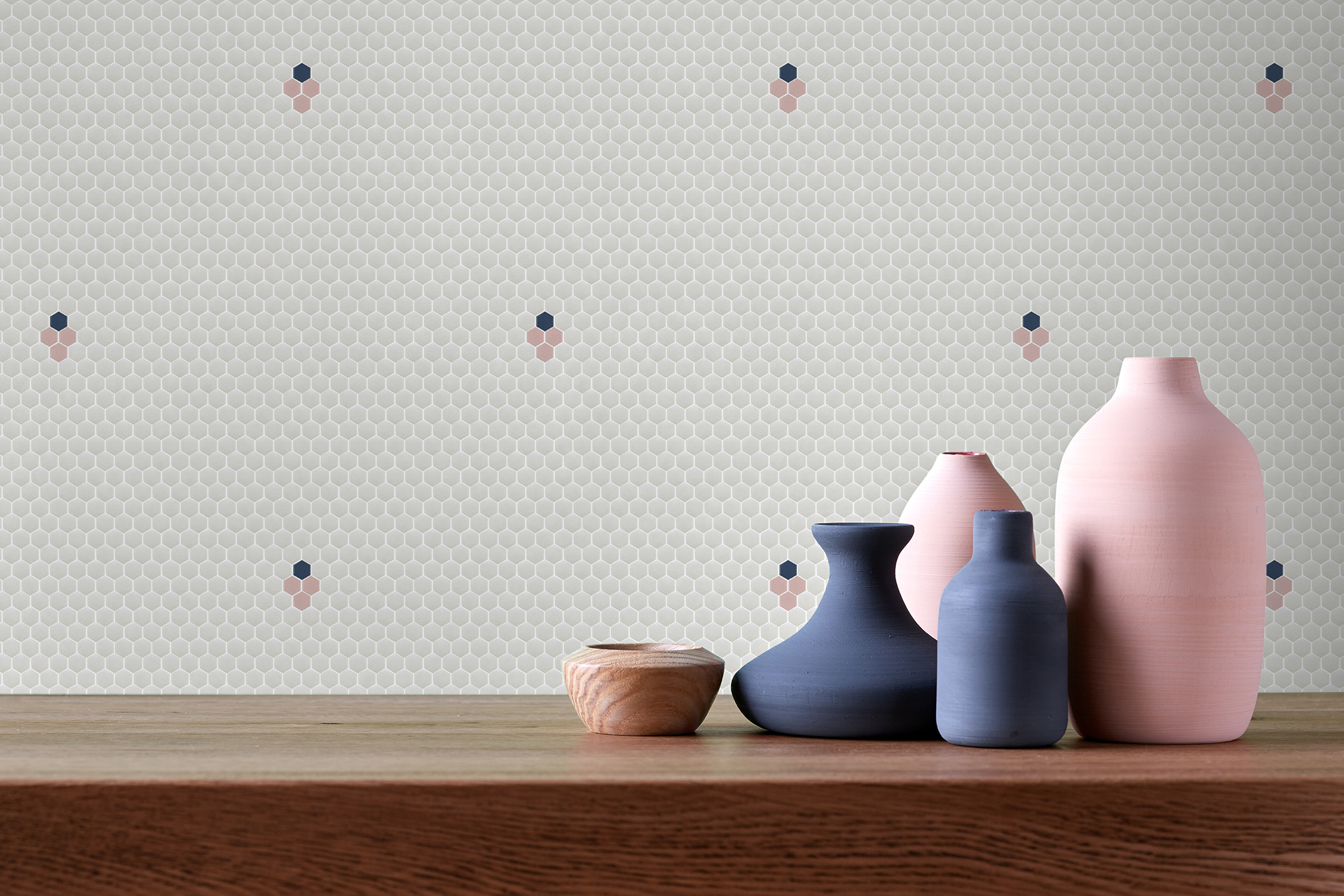 Various neutral colored vases and bowls on the rough wooden shelf. Home decor. chromakey