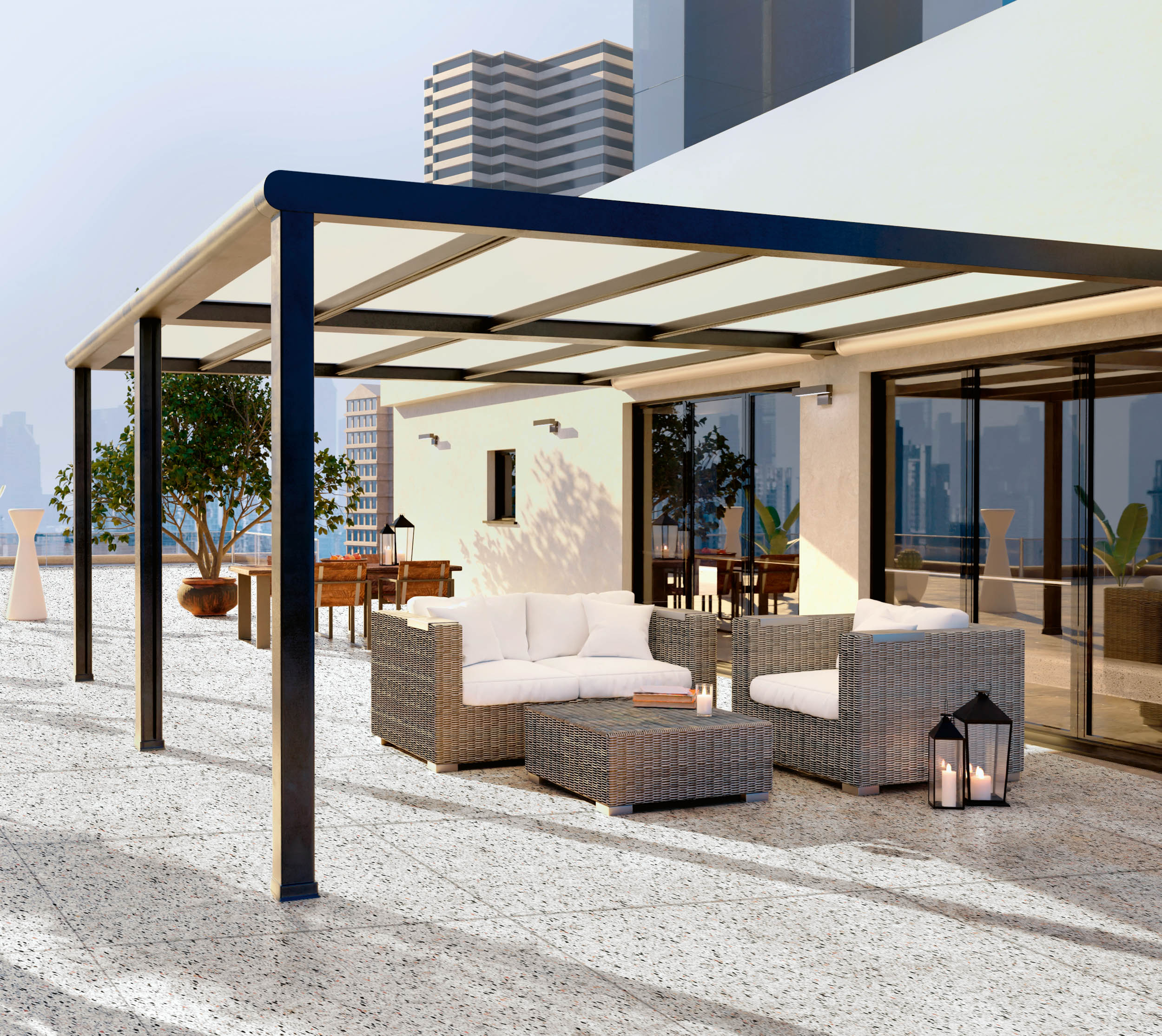 3D illustration of luxury top floor city apartment with private pergola and rattan decor furniture. Scenic view with city in background.