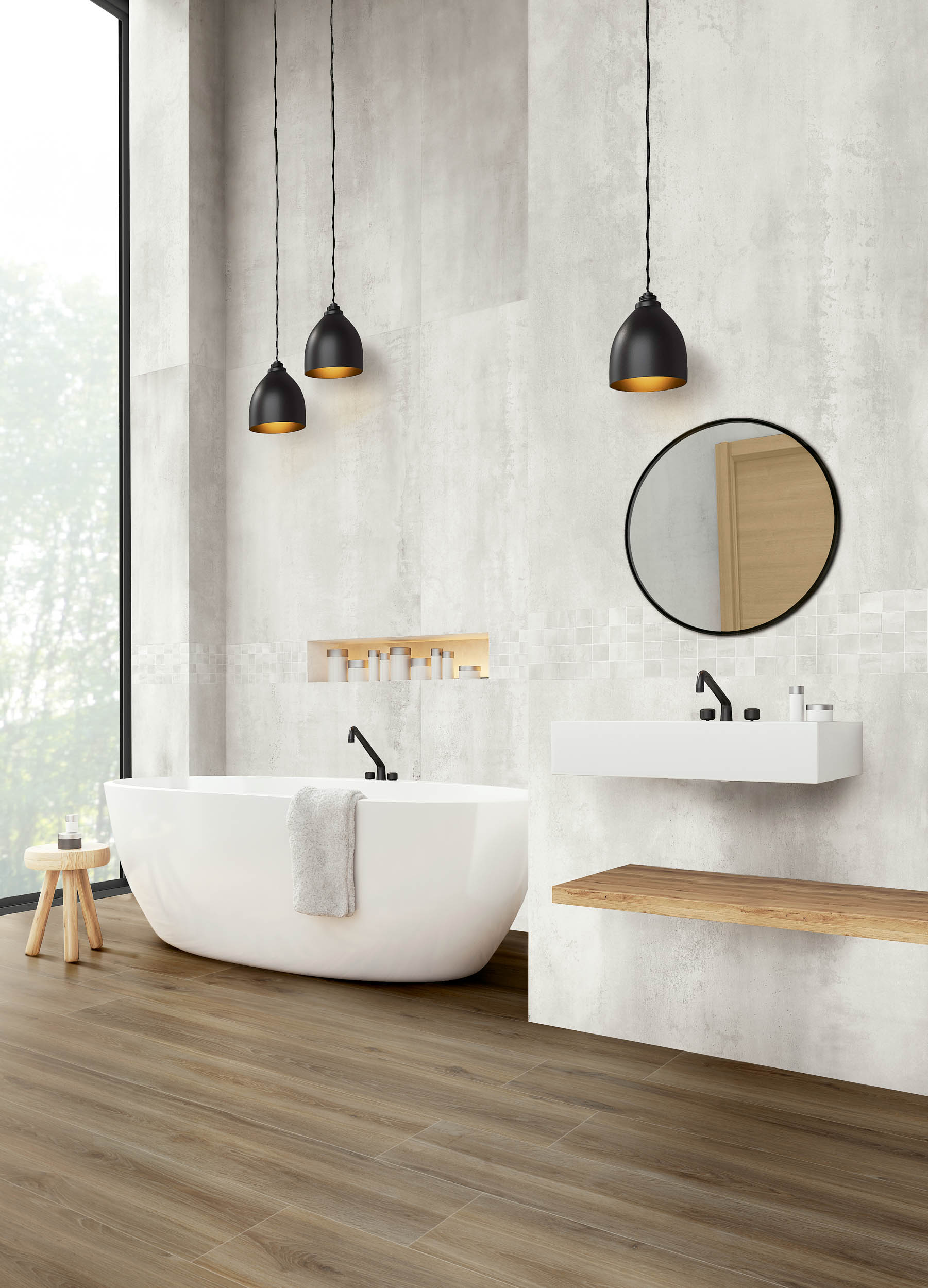 Light gray walls bathroom with sink, bathtub, two shelves for items and a lamp hanging on long cord. Mock up. 3d rendering