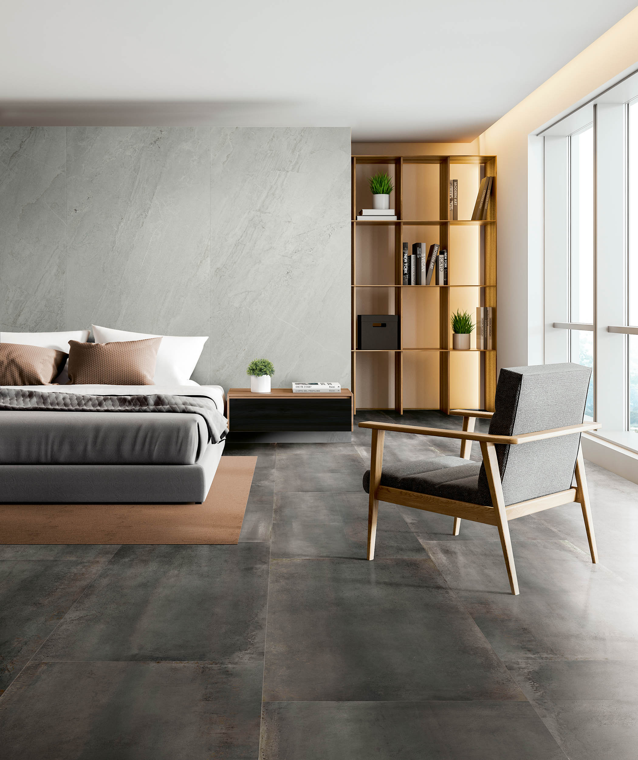 Interior of comfortable master bedroom with wooden walls, concrete floor, king size bed standing on carpet, bookshelves and gray armchair near big window. 3d rendering