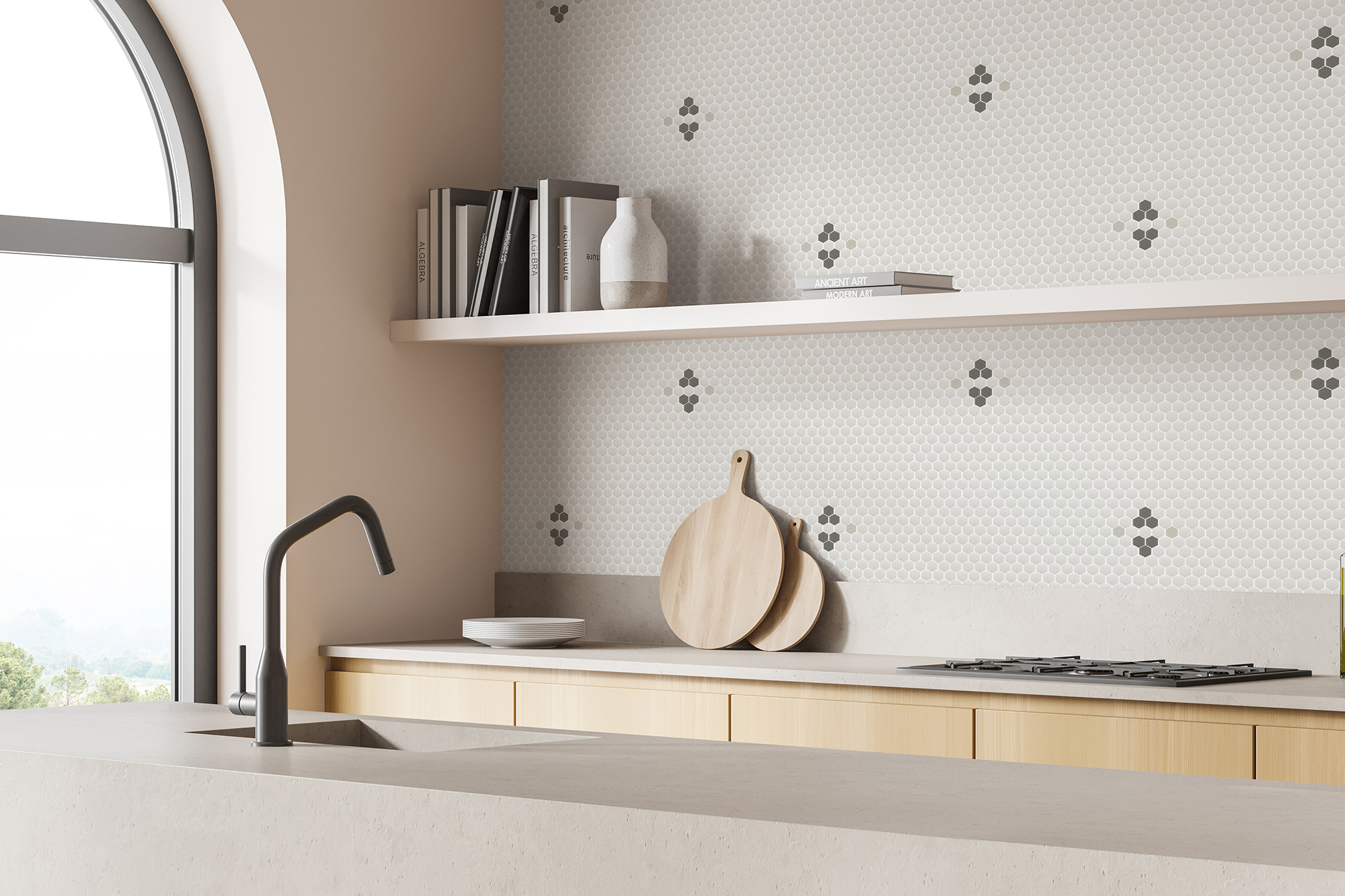 Corner view of kitchen interior with stone and wooden details, pinky walls, arch window and double sided cabinet with open shelf and sink opposite the stove. 3d rendering